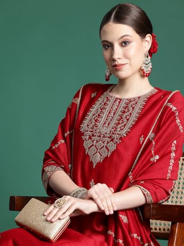 Image of INDO ERA Women's Embroidered Silk Blend Straight Kurta And Pant With Dupatta Set (Kh9Mr6293)