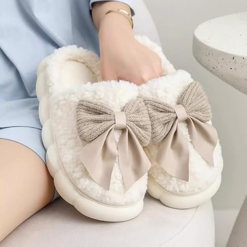 Women's Luxurious Plush Slippers with Ribbon Bows, Fuzzy Warm Slip-Ons for Home Indoor3