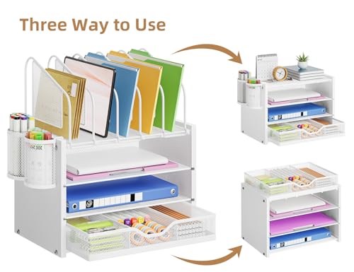 Image of Marbrasse Desk organizer with Drawer, 4-Tier Wooden File Organizer with 5 Vertical File Holders and 2 Pen Holders, Desk Organizers and Accessories for Home Office - White