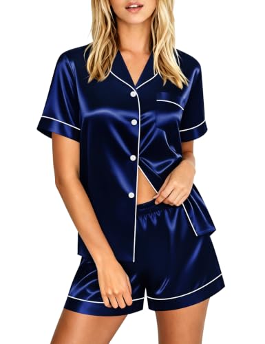 Image of LecGee Womens Silk Satin Pajamas Short Sleeve Loungewear Two-Piece Sleepwear Button-Down Pj Set