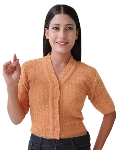 Image of Kuku Hosiery Designer V Neck Half Sleeves Saree Blouse & Crop Sweater for Women| Crop Winter top|Winter wear for Adult Girls /Women