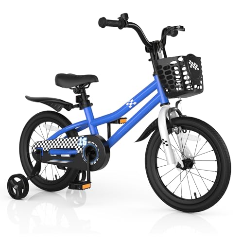 COSTWAY Kids Bike, 16 Inch Toddler Bike for Boys & Girls Aged 3-8 Years Old, Kids Bicycle w/Removable Training Wheels, Handbrake & Coaster Brake, Basket, Bell (Blue, Checkerboard Pattern)