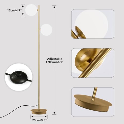 Image of 2 Light Mid Century Modern Floor Lamp for Living Room Retro Vintage Tall Standing Lamp with Frosted Glass Globe Shade Brass Floor Lamps for Office Hotel Bedroom