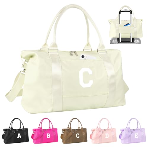 Initial Travel Duffel Bag Sports Gym Bag for Kids Teen Birthday Gifts,Beige Personalized Weekender Bag Carry On Dance Bags for Women Men,Waterproof Monogram Overnight Bag with Trolley Sleeve(Letter C)