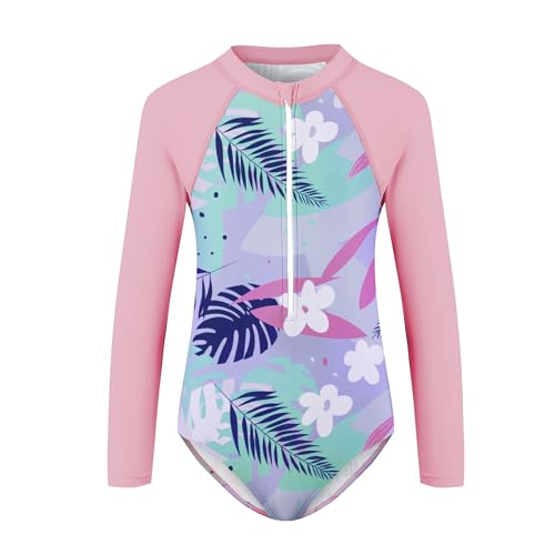 Zando UPF50+ Teen Girls Long Sleeve One Piece Swimsuit with Zipper Rash Guard for Girls 14-15 Years - Surfing Bathing Suit with Removable Padding for Summer Beach Swimming Sport Pool Pink Grass