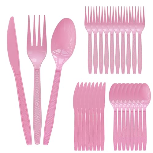 180-Piece Pink Heavy Duty Disposable Cutlery Set – Plastic Utensils with 60 Forks, 60 Knives, 60 Spoons for Party, Wedding, Birthday Supplies by Laoha - Used condition - US$13.06