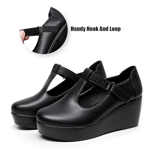Women's Genuine Leather T-Strappy Hollow Platform Wedge Pumps Retro Adjustable Hook and Loop Round Toe Soft Sole Comfortable Mom Mary Jane Shoes for Walking Commuting Daily3