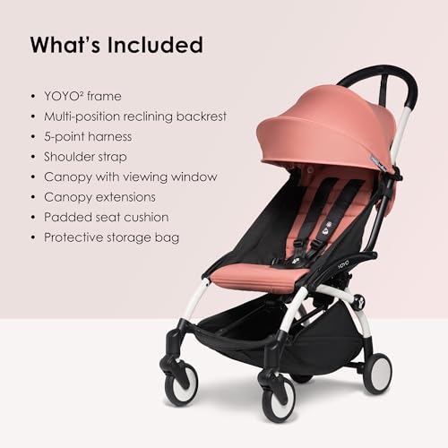 Image of Babyzen YOYO Stroller Combo - Lightweight, Compact, Foldable Stroller- Multiple Recline Positions, Travel Friendly, 5 Point Harness - Includes White Frame with seat Cushion and Matching Canopy (Ginger)