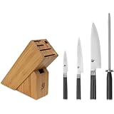 Shun Classic 5 Piece Slimline Block Set, Includes 8' Chef, 3.5' Paring & 6' Utility Knives, Handcrafted Japanese Knife Block Set, Damascus Stainless Steel Cladding, Pakkawood Handle