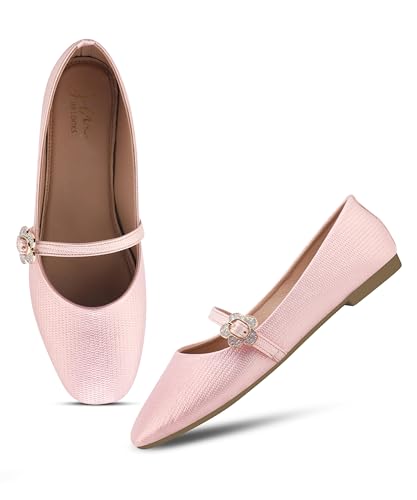 Image of JM LOOKS Elegant Textured Metallic Mary Jane Flats with Floral Buckle Detail and Comfortable Low Profile Sole