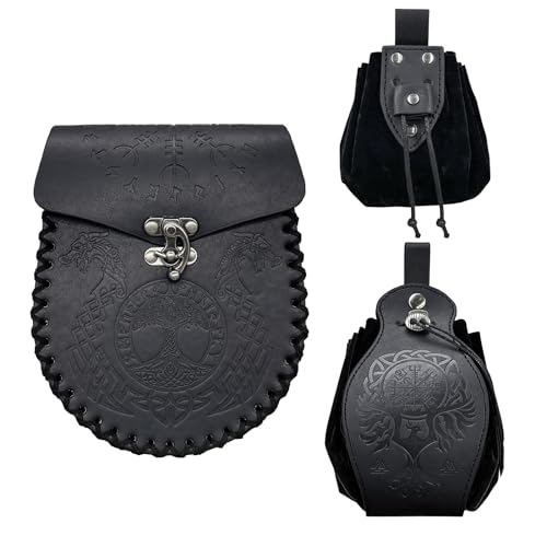 Image of EpicCos 3 PCs Medieval Faux Leather Belt Bag Set, Renaissance Drawstring Pouch Dice Bag, Vintage Side Pack Coin Purse for LARP (Black A)
