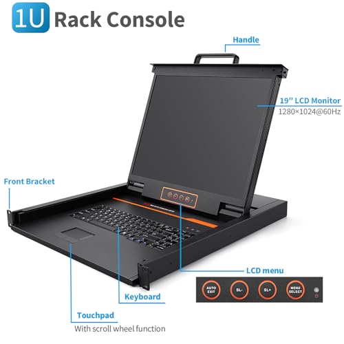 Image of 1U KVM 19 inch Rack Mount Monitor Keyboard, Single DVI /VGA Input with Cables