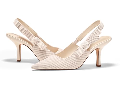 Image of Coutgo Womens Slingback Kitten Heels Closed Pointed Toe Bowknot Knitted Slip On Work Pumps Dress Shoes
