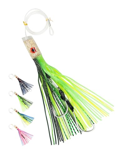 BLUEWING 12in Big Game Trolling Lure Saltwater with Double Rigged Hookset and 300lb High Strength Fishing Line for Wahoo Tuna Marlin Mahi-Mahi Green/Black