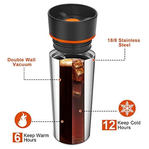 Yawbay Travel Coffee Mug, Travel Mug With 360°All-Round Drinking Lid, Vacuum Insulated Tumbler, Stainless Steel Tumbler, Double Walls Insulated Coffee Mug For Hot And Ice Cold Water Beverages(Orange) #TOP3