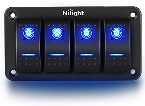 Nilight - 90109D 4 Gang Aluminum Rocker Switch Panel Toggle Dash 5 Pin ON/Off Pre-Wired Rocker Switch Blue Backlit Switch for Automotive Car Marine Boat RV,2 Years Warranty