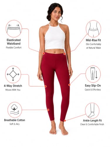 Image of Women's Cotton Lycra Ankle Length Leggings | Regular Rise, Soft 4 Way Stretch Fabric | Casual & Ethnic Wear