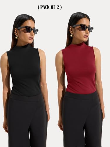 Image of KOTTY Women's Sleeveless High Neck Ribbed Tank Top Combo Pack of 2 Stylish Casual & Office Wear Tops