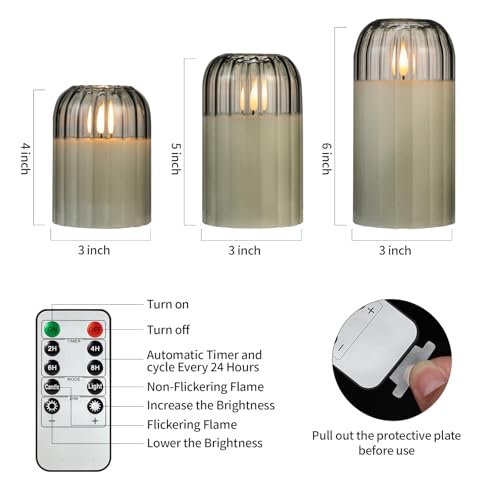 Image of Ribbed Glass Battery Candles - FLameless Candles with Remote, Sage Green LED Candles with Timer, Warm Light, Lasting 350 Hrs and Brightness Adjustment, Φ 3 inch H 4 inch 5 inch 6 inch, Set of 3 for Christmas Decor
