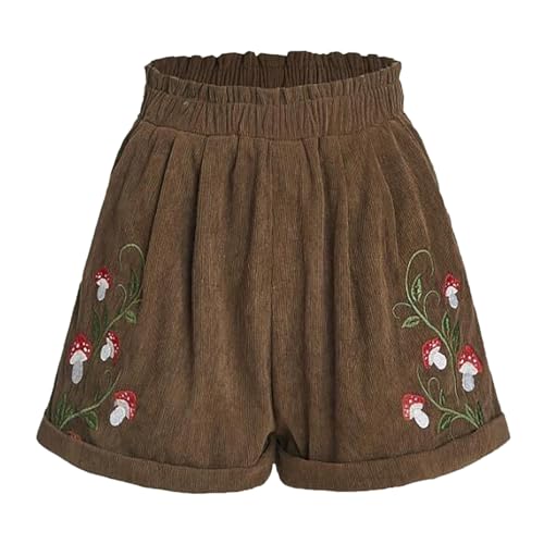 2025 - Pantalones cortos de pana para mujer con bordado, cintura, cintura elástica, pierna recta, pantalones cortos casuales de fitness para hombre, café, L
