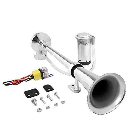 12V 150db Train Air Horn Super Loud 18 Inches Chrome Zinc Single Trumpet Truck Air Horn Kit with Compressor for Any 12V Vehicles Trucks Lorrys Trains Boats Cars