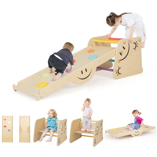 HONEY JOY Climbing Toys for Toddlers, 6 in 1 Wooden Triangle Set, Double Side Ramp & Climber, Seesaw, Step Stool, 2-Piece Learning Indoor Montessori Climbing Ladder Gym for Kids Boys Girls