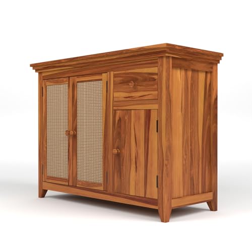 Image of PS DECOR Solid Sheesham Wood Sideboard Cabinet with Rattan Cane Doors & Storage Drawer | Multipurpose Storage Unit for Living Room & Dining Area (B-Natural Finish)