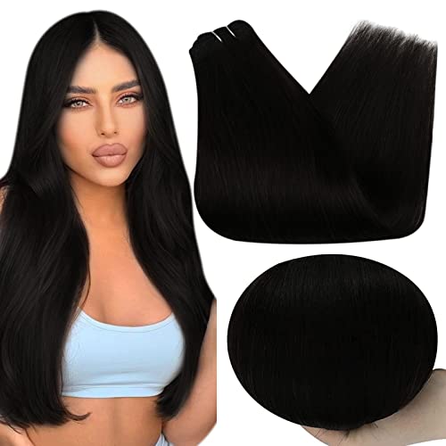 Full Shine Weft Hair Extensions Black Sew in Hair Extensions Color 1 Jet Black Weft Hair Bundle 24 Inch Human Hair Bundle 100 Gram Weave Weft Hair Extensions Real Human Hair for Women Remy Hair