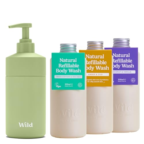Wild Natural Refillable Body Wash Starter Kit - Includes Sage Green Aluminium Case & 3 Pack Shower Gel Refills in a Variety of Scents - Includes Coconut & Vanilla, Fresh Cotton and Amber & Oud Scents Wild Natural Refillable Body Wash Starter Kit - Includes Sage Green Aluminium Case & 3 Pack Shower Gel Refills in a Variety of Scents - Includes Coconut & Vanilla, Fresh Cotton and Amber & Oud Scents