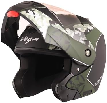 Vega Crux Dx Camouflage ISI Certified Smooth Matt Finish Flip-Up Helmet for Men and Women with Clear Visor(Dull Black Battle Green, Size:M)