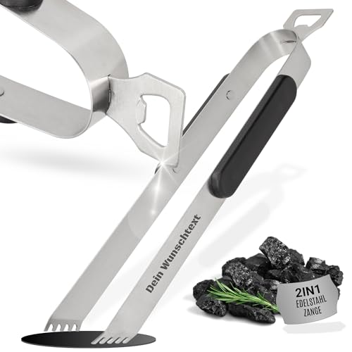 Personalisierte Grillzange 35 cm aus Edelstahl - Vatertagsgeschenk personalisiert - robuste BBQ Zange mit Kapselheber - Grillzange mit ergonomischem Griff für Grillmeister Farbe:grau