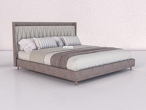 Image of Acacia Modern Upholstered King Size Bed for Bedroom | Wooden Double Bed | Platform Cot Bed with Upholstery Premium Fabric | 6.5 x 6 Ft | Sheesham Solid Wood (Rosewood, Browndust)
