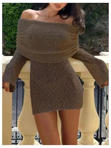 Floerns Women's Fold Off Shoulder Long Sleeve Rib Knit Pencil Sweater Dress3
