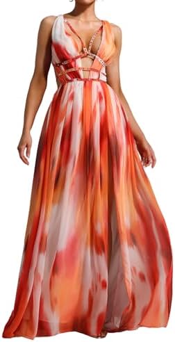 BELLA BARNETT Boho Dress Deep V Chiffon Dress Maxi Garden Party D...