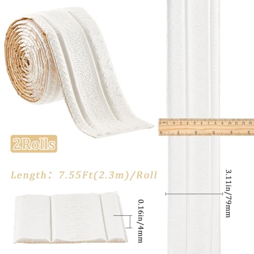 Image of GORGECFAFT 2 Rolls 91x3 Inch Crown Molding Peel and Stick Floral White 3D Wall Edging Foam Flexible Wallpaper Border Mirror Edging Frame Lines Wall Base Ceiling Baseboard for Home DIY Furniture