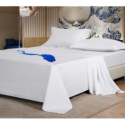 4 Pc Waterproof Bed Sheet Set Breathable Comforter Cotton include Flat Sheet/Fitted Sheet/Pillowcases,18" Deep Pocket Incontinence Washable Sheet Set Protector for Child Elder Pet. (White,Twin) Cover