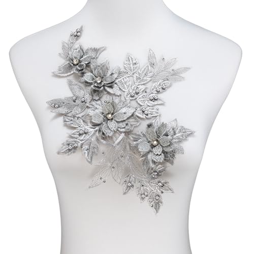 Aplique de encaje con diamantes de imitación bordados 3D Silvora plata 2
