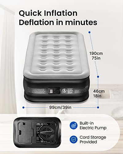 Airefina Comfort Air Mattress Twin With Built-In Electric Pump, Inflatable Bed In 2 Mins Self-Inflation/Deflation, Flocked Surface Blow Up Bed For Home Portable Camping 75X39X18In, 650Lb Max #TOP1