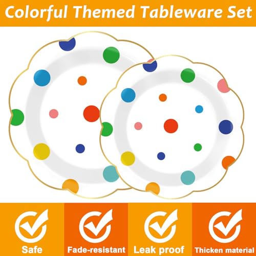 Image of 96 Pcs Colorful Birthday Plates and Napkins Colorful Polka Dots Party Supplies Rainbow Dots Tableware Table Decorations Confetti Plates Napkins Rainbow Party Favor for Baby Shower Wedding 24 Guests