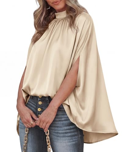 BTFBM Womens Summer Tops 2026 Mock Neck Batwing Sleeve Silk Satin Shirts Loose Oversized Dressy Casual Spring Blouses(Beige, X-Large)