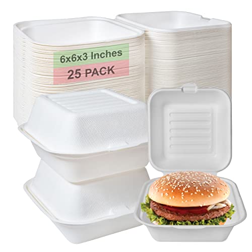 500 Count - Biodegradable 6x6 Take Out Food Containers with Clamshell Hinged Lid - Eco Friendly Sugarcane Bagasse 100% Compostable, Recyclable, Togo, Restaurant Carry Out, Party Take Home Boxes