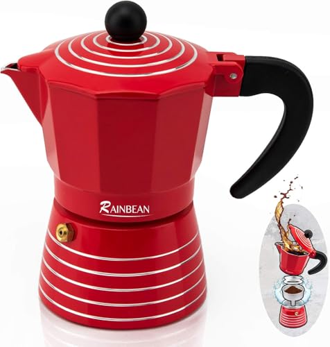 RAINBEAN Espresso Maker 6 Cups Moka Pot Set, Steam Italian Stovetop Coffee Makers Percolator, Aluminum Ripple Ring Design, Easy To Use & Clean (6 Cups/300ml, Red)