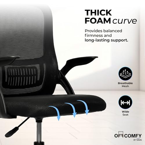 Image of HAVAI Aero Ergonomic Office Chair with Reclining & Folding Back | Net Cloth Fabric | 60D Recycled Foam + 24D Virgin Cotton | Class 2 Gas Lift | Nylon Base & Wheels (Black)