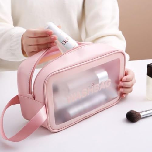Image of KUKLAR Wash Bag Pouch for Travel Kit Toiletry Bag Cosmetic Bag Make Up Box for Brushes, Accessories with Handle, Large Capacity Translucent Waterproof Travel Storage Small Size 25X16X10 (Pink)