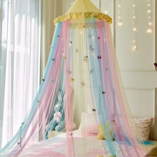 Image of Yellow Rainbow Bed Canopy with Butterflies for Girls,Breathable Canopy Bed Curtain for Bed,Princess Play Tent for Kids Room Reading Nook