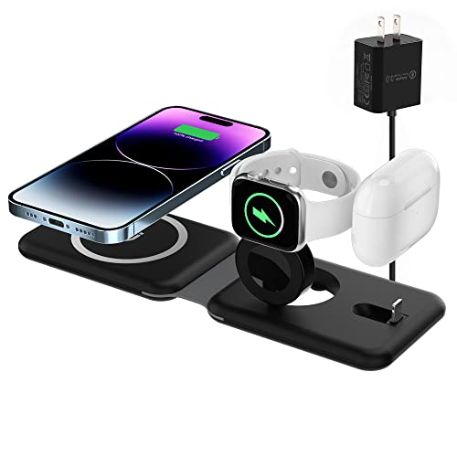 3 in 1 Wireless Charger, Foldable Magnetic Charging Station, Fast Travel Wireless Charging Pad for Multiple Apple Devices, Compatible with iPhone 15/14/13/12/Pro/Max/Plus/Mini, iWatch, Airpods (Black)