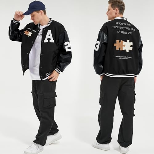 Image of Mens Varsity Jacket Baseball Bomber Jacket Vintage Unisex Streetwear Coats with Patchwork Hipster Utility Tops