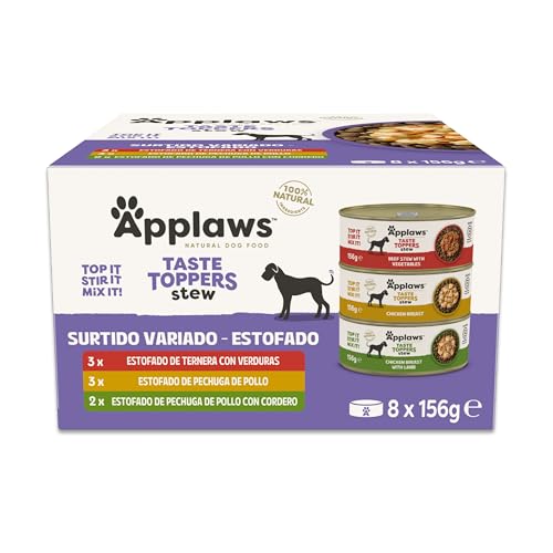 Applaws Comida Húmeda para Perros Natural, Surtido de Carne sin Granos con Verduras en Estofado, Paquete de 8 Latas de 156g