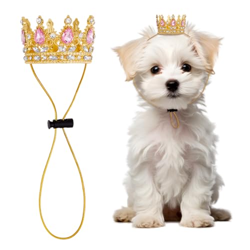OLYCRAFT Pet Rhinestone King Crown Pink Rhinestone Dog Crown with Adjustable Strap Party Costume Accessories Golden Queen Crowns for Small Dog Cats Weddings Birthday Cosplay Party Photos Prop