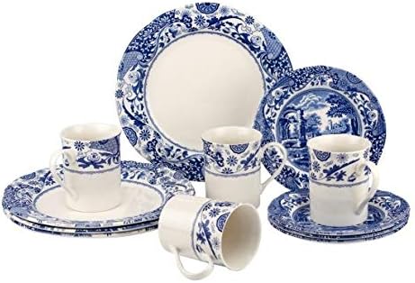 Blue Italian Brocato 12 Piece Dinnerware Set - Service for 4 with Earthenware Dinner Plates, Salad Plates, Mugs - Dishwasher & Microwave Safe Oriental Inspired Tableware